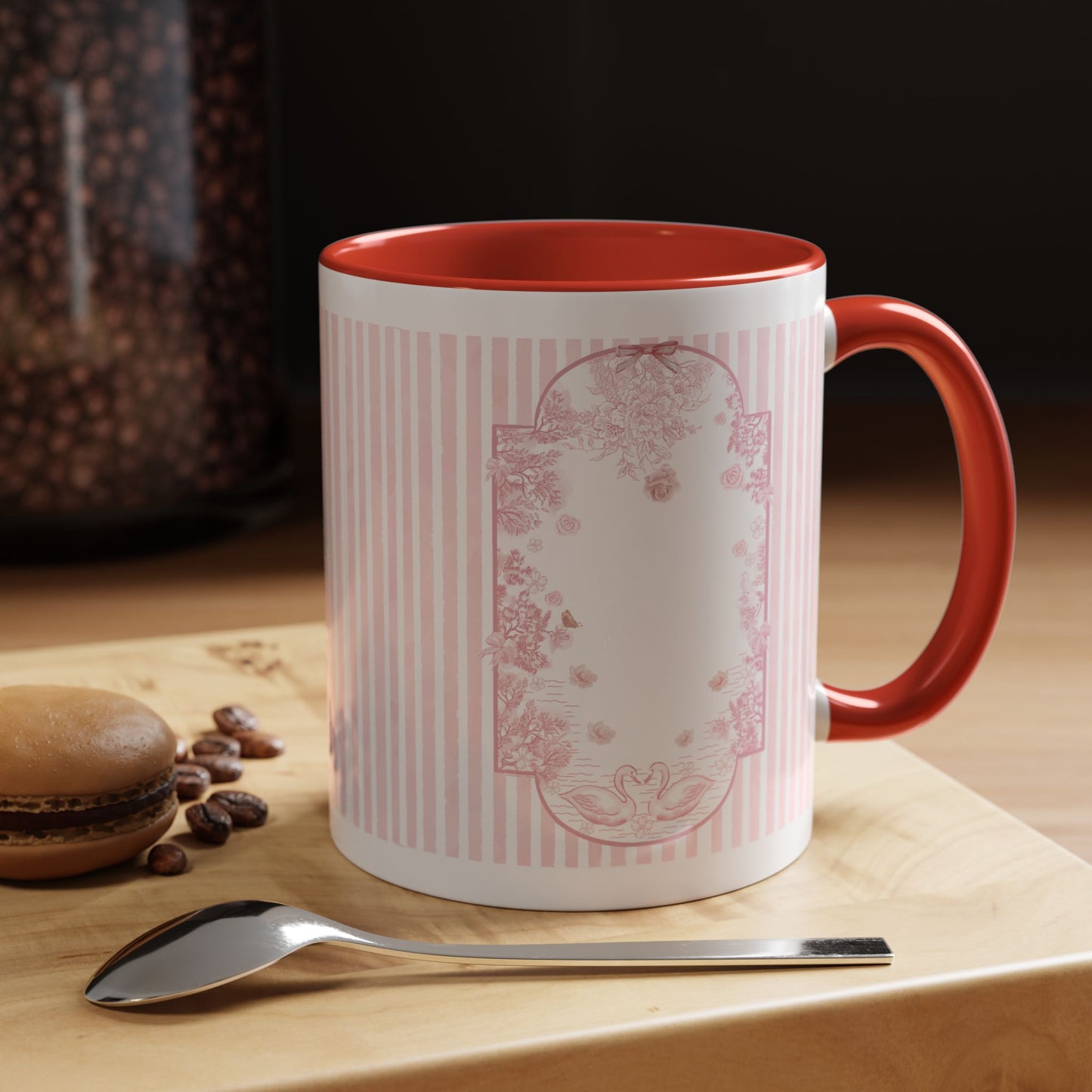 Pink Striped Accent Coffee Mug — Floral Frame 11oz