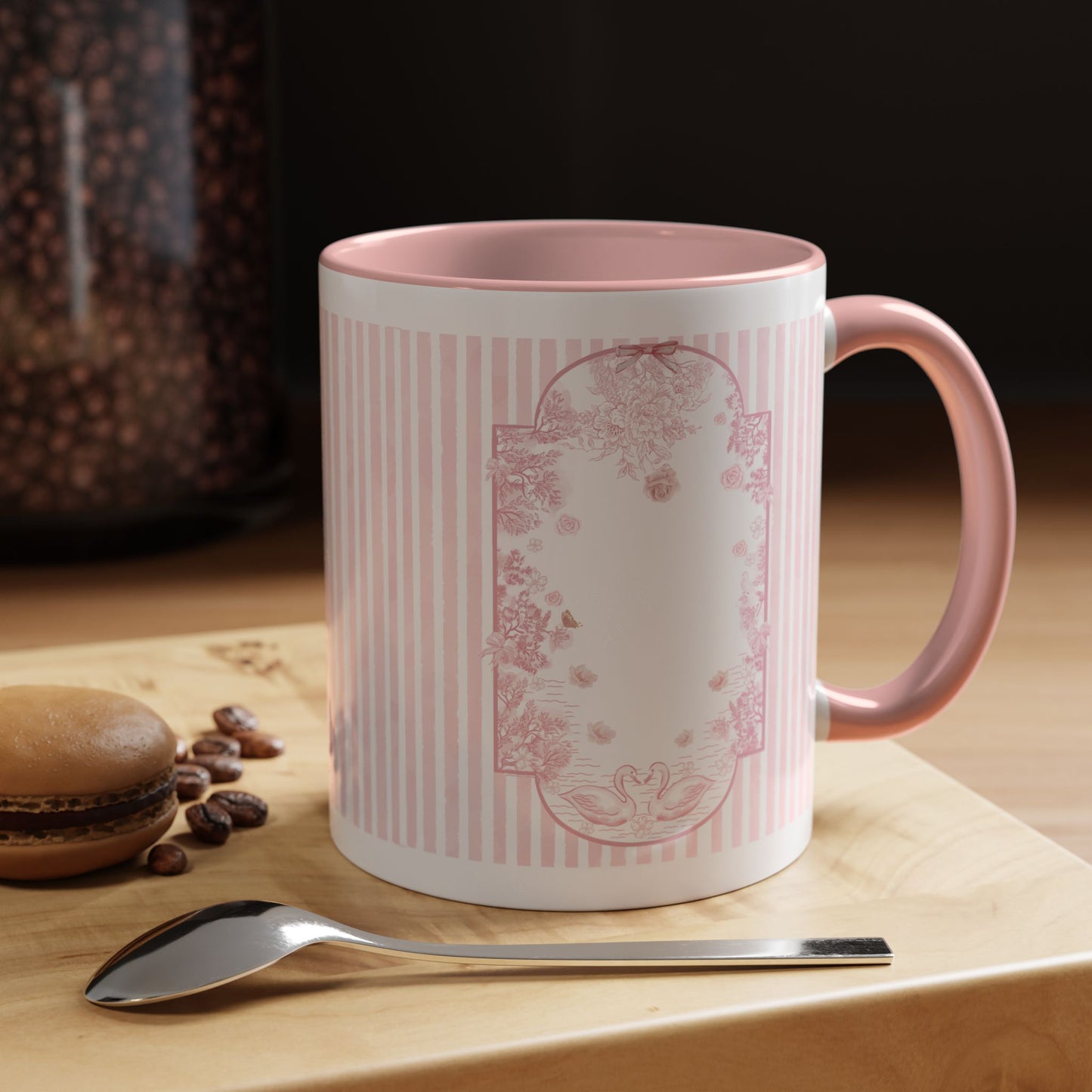 Pink Striped Accent Coffee Mug — Floral Frame 11oz
